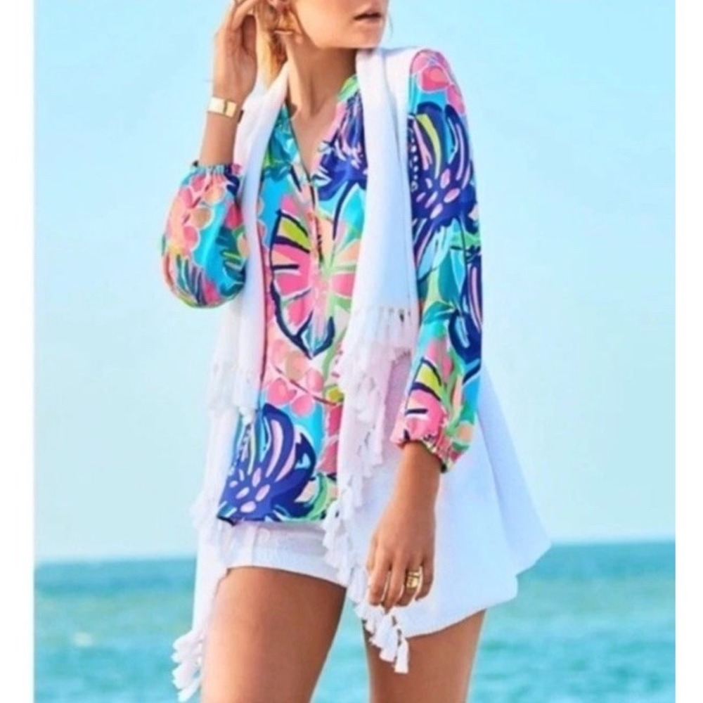 Lilly Pulitzer Sleeveless Cardigan Vest‎ Sz S White Fringe Cotton Resort Beach